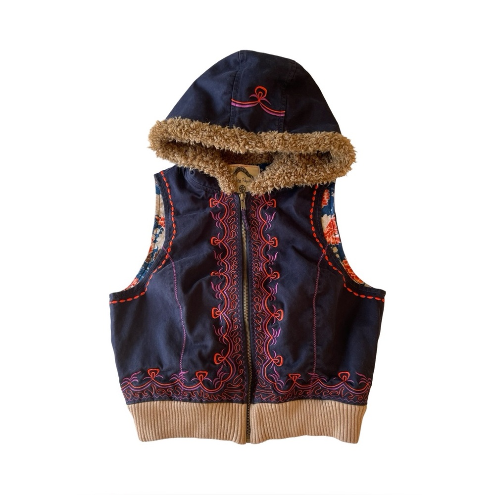 Free People Anju Fur Hooded Embroidered Boho Vest Navy Blue Women’s Medium